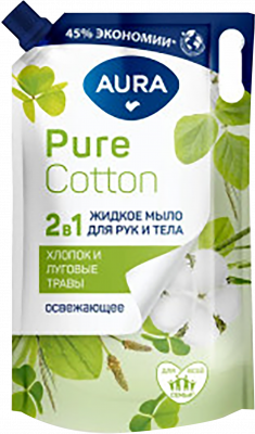 Мыло жидкое Аура Pure Cotton 850мл 2в1 Хлопок/Лугов травы д/пак