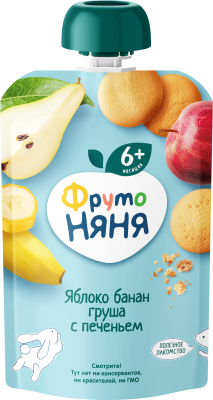 Пюре ФрутоНяня Яблоко/Банан/Груша/Печенье с 6мес д/п 90г