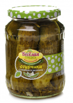 Огурчики маринованные с Зеленью  и Чесноком Веселая Грядка  680г