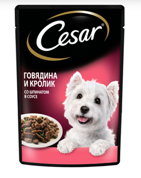 Корм влажный для собак Цезарь Говядина/Кролик/Шпинат в соусе 85г
