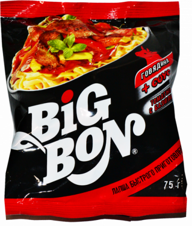 Лапша с говядиной в томатном соусе с базиликом Биг Бон 75г