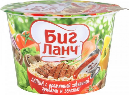 Лапша с ароматной Говядиной, грибами и зеленью Биг Ланч 90г